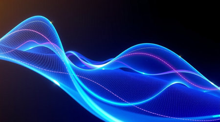 abstract blue wave background with glowing particles, 3d render illustration