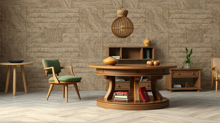 Interior of modern living room with wooden furniture, armchair and coffee table. 3d renderの写真素材