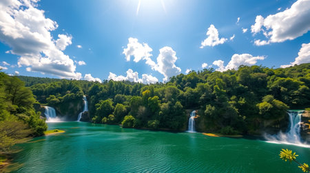 Panoramic view of the waterfall in Plitvice Lakes National Park, Croatiaの写真素材