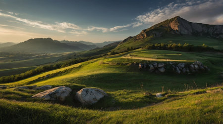 Sunset in the mountains. Landscape with green grass and rocks.の写真素材