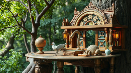 Wooden furniture in the form of animals on a table in the parkの写真素材