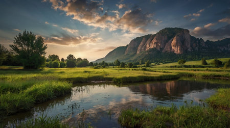 Panoramic view of the river and mountains in the background at sunsetの写真素材