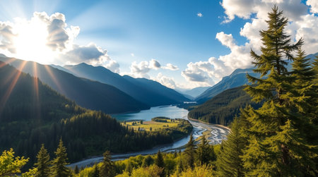 Panoramic view of the Rockies and a highway in summerの写真素材