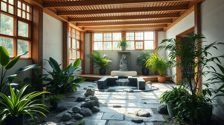 Interior of a living room with a view of the garden.の写真素材