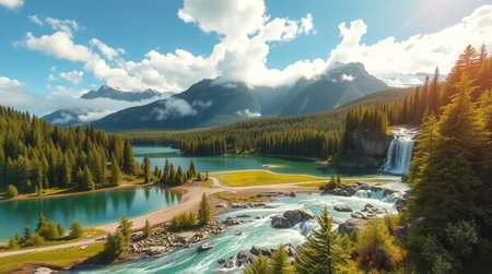 Panoramic view of turquoise mountain lake and forest in summerの写真素材