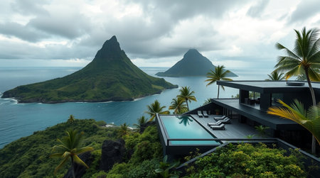 3d rendering of modern cozy house with pool and parking for sale or rent. Beautiful ocean view from...