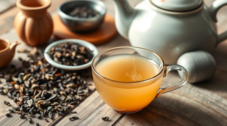Cup of tea and teapot on wooden table, closeup