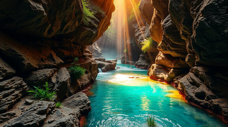 Canyon and river in the morning light. 3d rendering.の写真素材