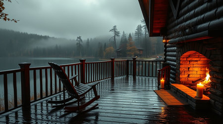Lonely chair on the terrace of a log house in the misty morningの写真素材
