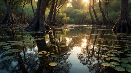 Beautiful sunrise in the swamp with trees and water lily padsの写真素材