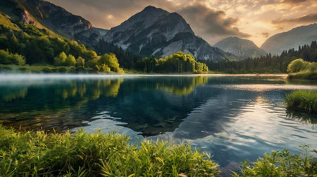 Mountain lake with reflection in the water at sunset. Beautiful summer landscape.