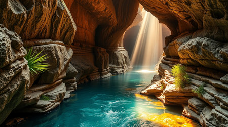 Fantasy landscape. Mountain river and rocks. 3d render illustrationの写真素材