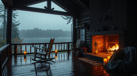 Interior of a cottage with a view of the lake. 3d renderの写真素材