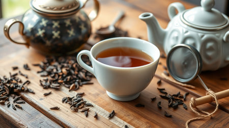 Cup of tea and teapot on wooden table, closeupの写真素材