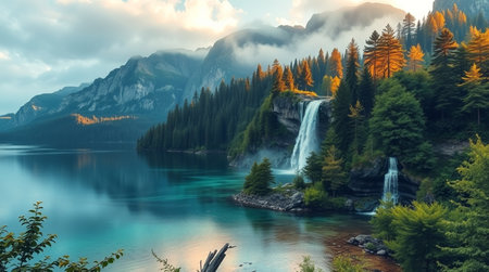 Waterfall on the lake in the mountains. Beautiful summer landscape.