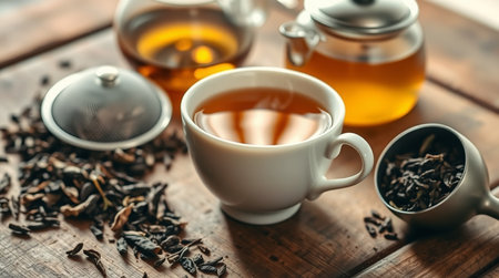 Cup of tea and teapot on wooden table, closeupの写真素材