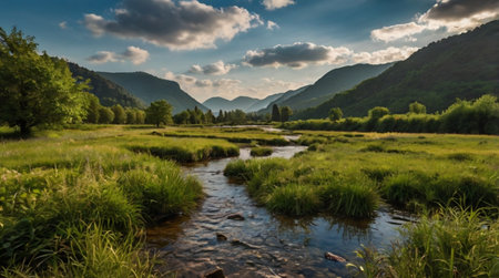 Panoramic view of a mountain river in the summer, Russiaの写真素材