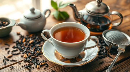 Cup of tea and teapot on wooden table, closeupの写真素材