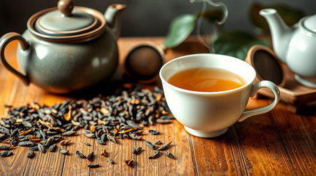 tea in cup and teapot on wooden table close upの写真素材