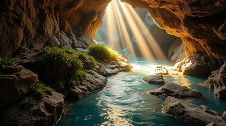 Beautiful view of a river flowing through a cave. 3d renderingの写真素材