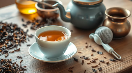 Cup of tea and teapot on wooden table, closeupの写真素材