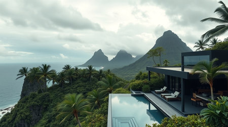 3d rendering of modern luxury villa with pool and beach viewの写真素材