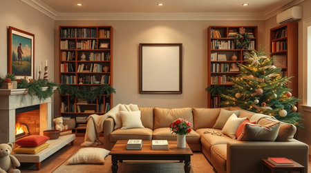 Living room interior with christmas tree and fireplace, 3d renderの写真素材