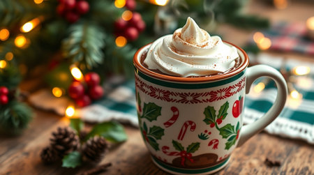 Cup of hot chocolate with whipped cream and Christmas decorations on wooden backgroundの写真素材