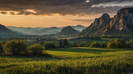 Sunset in the mountains. Beautiful summer landscape. Ukraine, Europe.の写真素材
