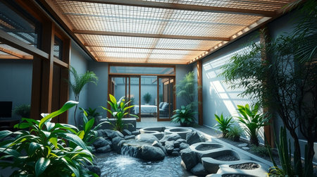 3d render of modern house interior with swimming pool and green plantsの写真素材