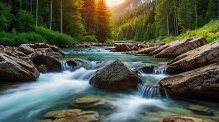 Mountain river flowing through the forest at sunset. Summer landscape.の写真素材