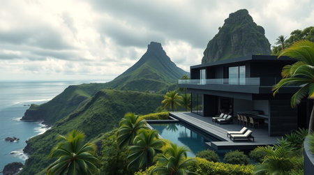 3d rendering of modern cozy house with pool and parking for sale or rent in luxurious style. Mountain on background.の写真素材