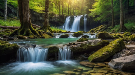 Beautiful waterfall in a green forest. Summer landscape with a waterfallの写真素材