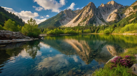 Panoramic view of a mountain lake in the Dolomitesの写真素材