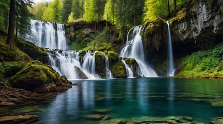 Beautiful waterfall in the forest. Panoramic view of a waterfall in the forest.