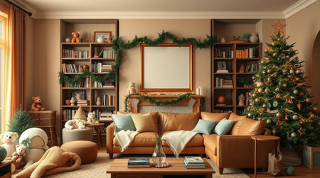 Living room interior with Christmas tree and decorations. 3D rendering.の写真素材