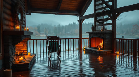 3D rendering of a log house with a lake and a fireplaceの写真素材