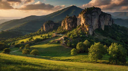 Beautiful summer landscape in the mountains at sunset. Ukraine, Europe.の写真素材
