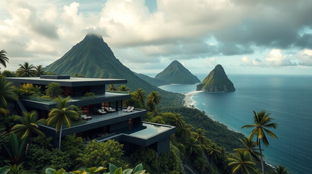 3d render of house on the hill with ocean view.の写真素材