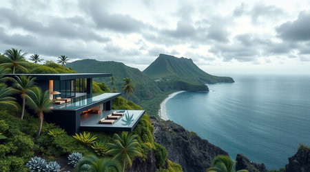 3d rendering of modern cozy house with pool and parking for sale or rent in luxurious style and beautiful ocean view on background.の写真素材