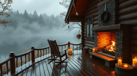 3D CG rendering of wooden house with fire and foggy lakeの写真素材