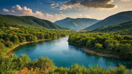 Panoramic view of the river in the mountains. Summer landscape.の写真素材