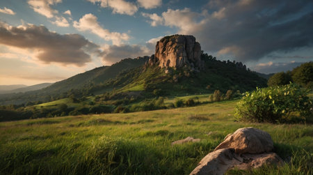 Mountain landscape with rocks and meadow at sunset. Ukraine, Europeの写真素材