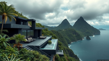 3d rendering of modern cozy house with pool and parking. Luxury house in the mountains.の写真素材