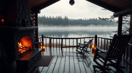 Beautiful wooden house on a lake in the mountains in the fogの写真素材