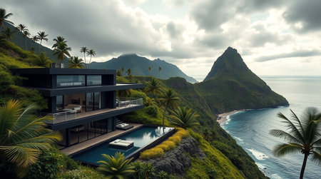 3d rendering of modern cozy house with pool and parking for sale or rent in luxurious style by the sea or ocean at sunset. Clear sky with clouds.の写真素材