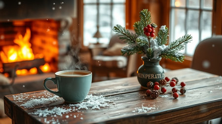 Cup of coffee with christmas decoration on wooden table near fireplaceの写真素材