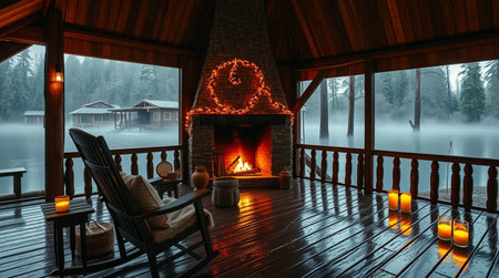3d rendering of wooden house with fireplace in foggy forest.の写真素材