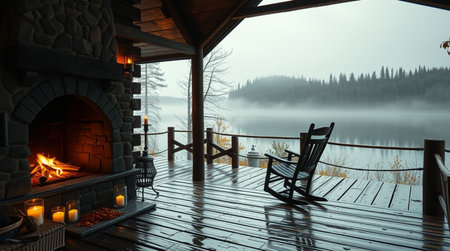 3d rendering of a wooden cottage with a fireplace on the lakeの写真素材