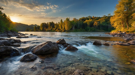 Sunset over the river in the forest. Panoramic viewの写真素材